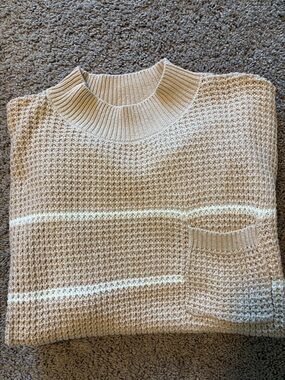 Chunky Knit Beige Sweater with White Stripes